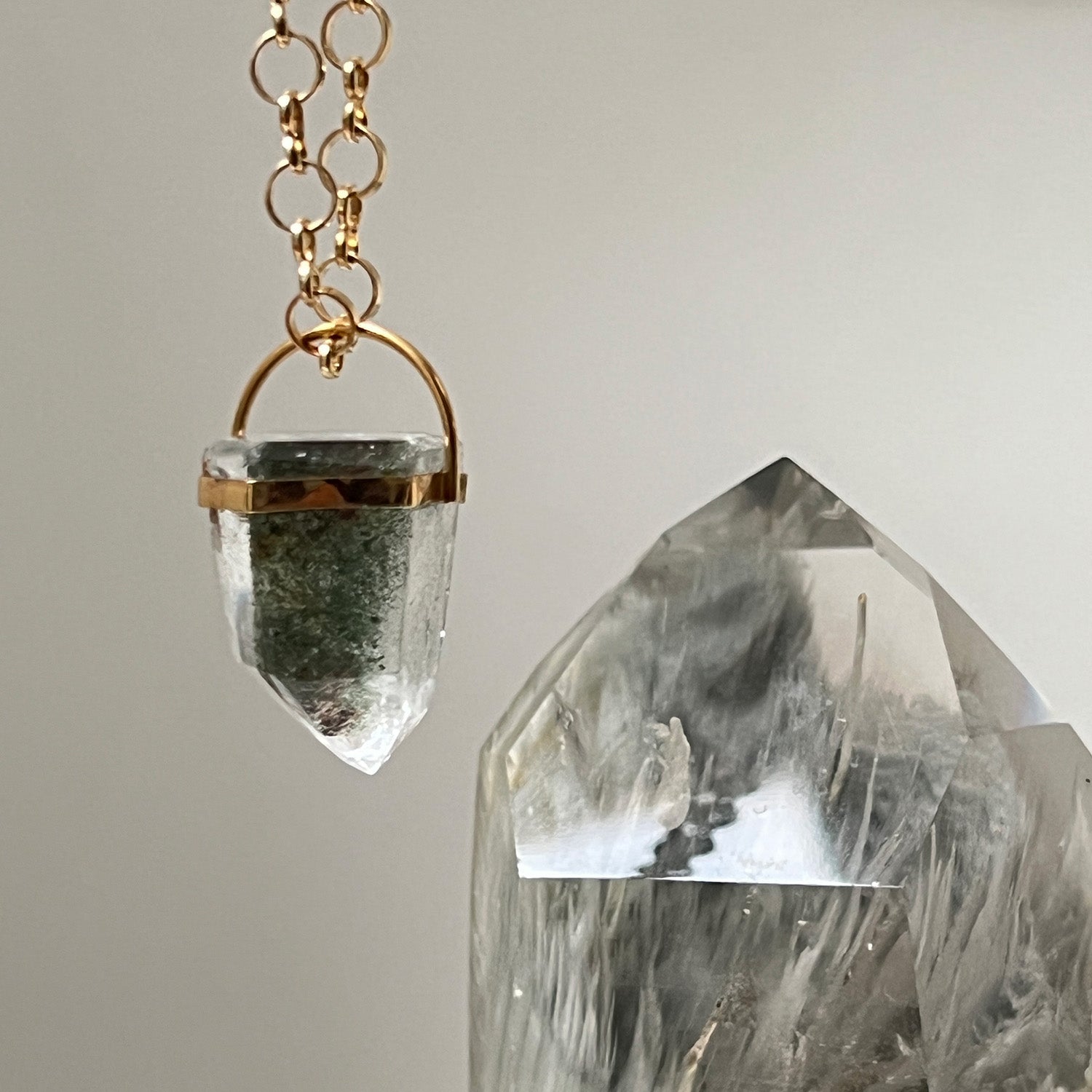 Unique Chunky Chlorite Point Pendant On Long Little Circle Chain