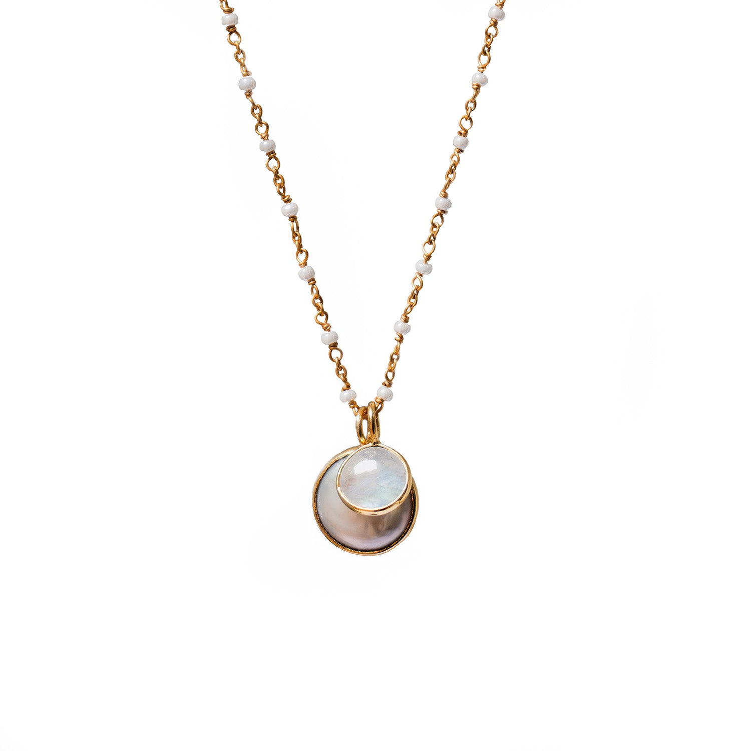 Moon Duo Pendant With Moonstone and Freshwater pearl On Long Pearl Rosary