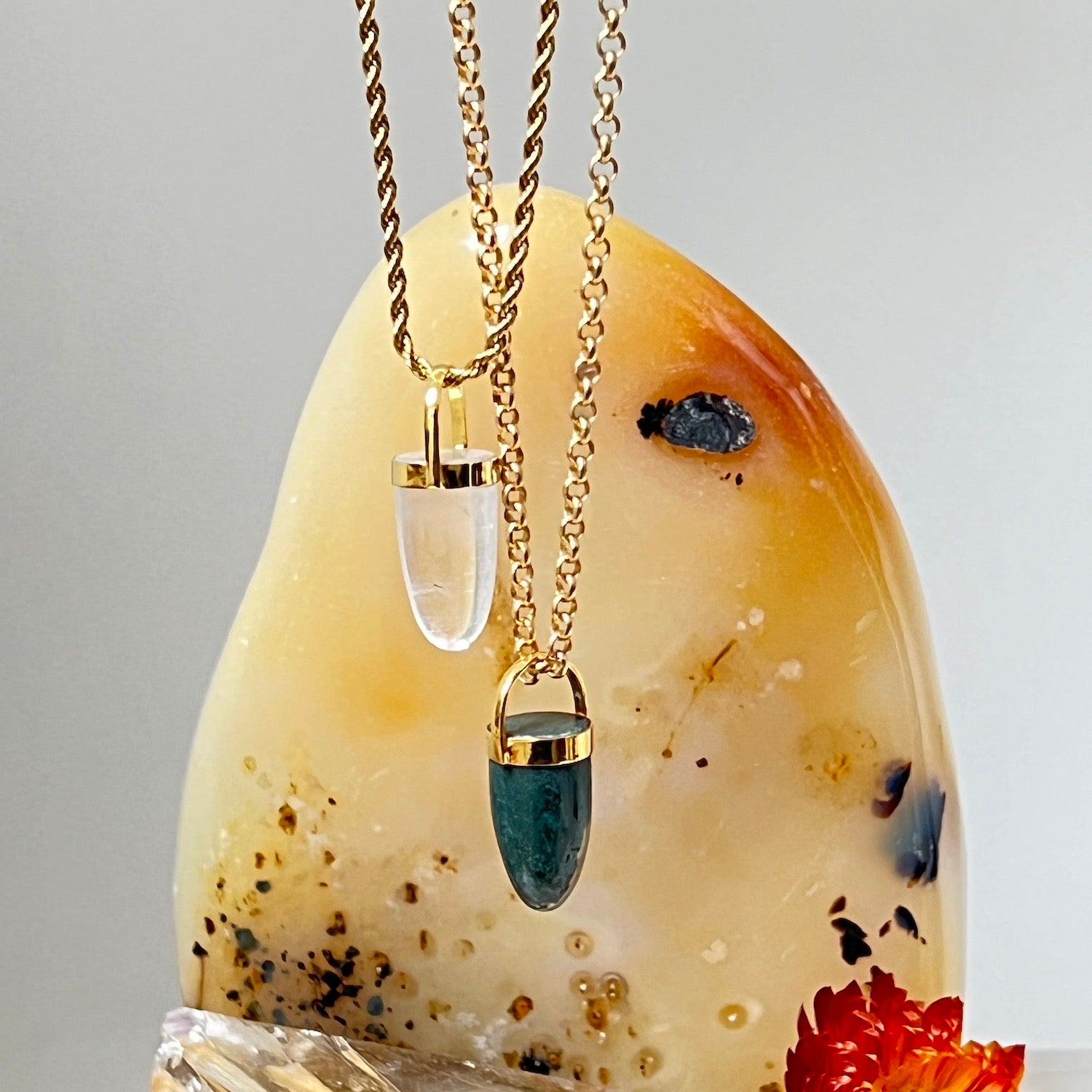 Pendulum Moss Agate Pendant On Long Baby Belcher Chain