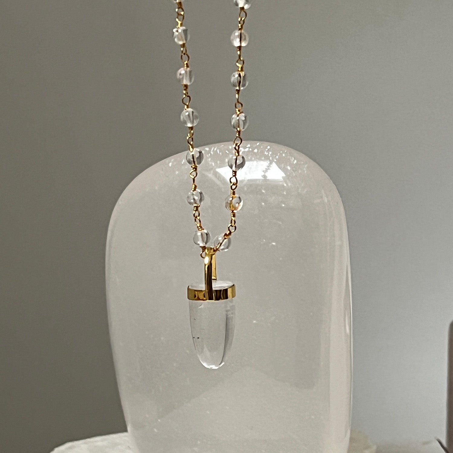 Pendulum Rock Crystal Pendant On Long Rock Crystal Round Stone Rosary