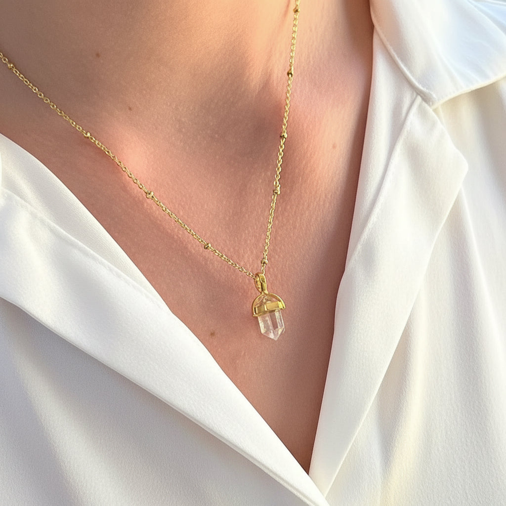 Rock Crystal Double Mini Point Bridge Set  On Short Satellite Chain