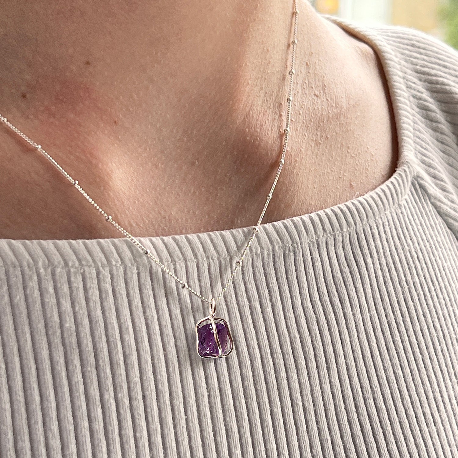Amethyst Raw in Cage Pendant on Sterling Silver