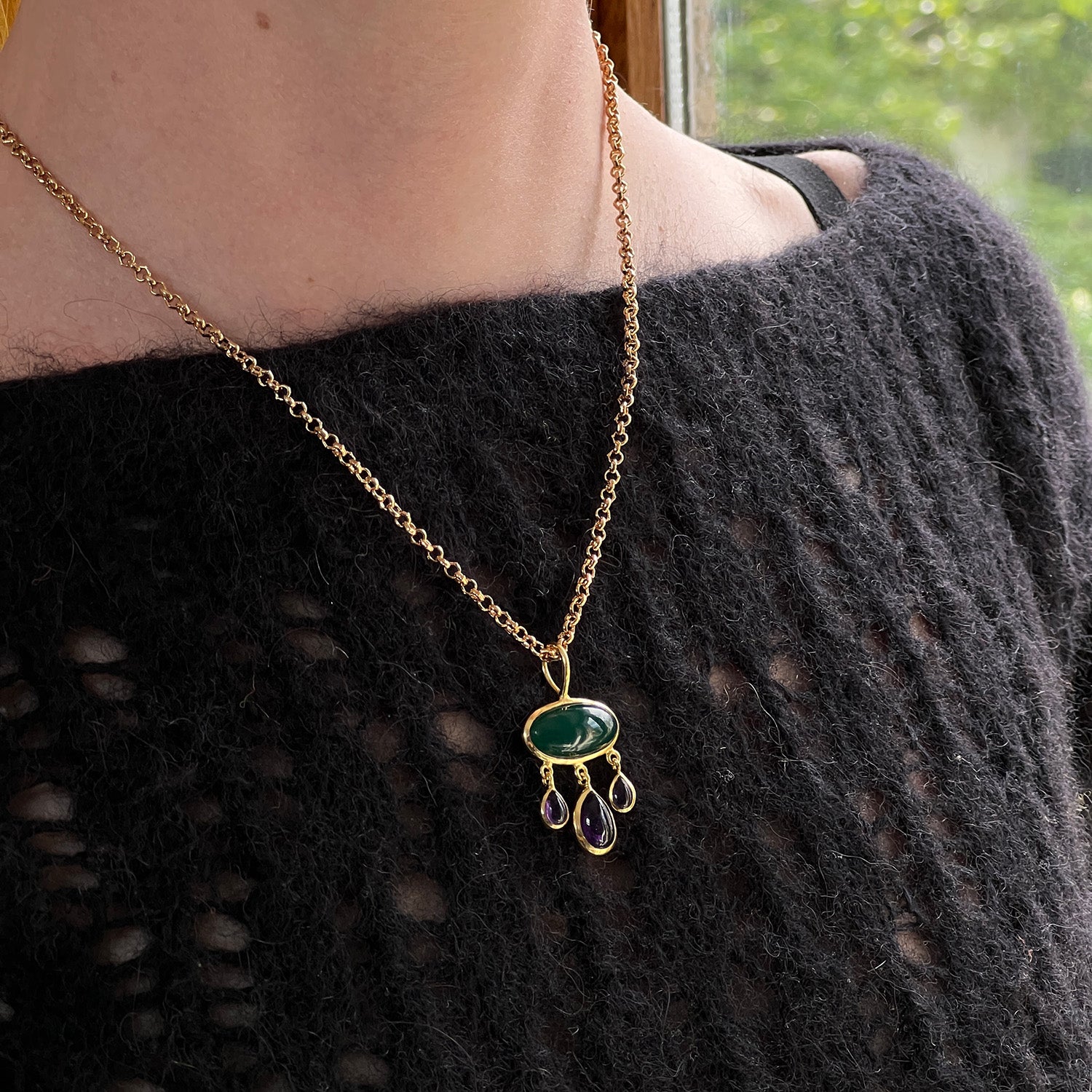 Rosa Oval Green Onyx And Amethyst Pendant On Short Baby Belcher Chain