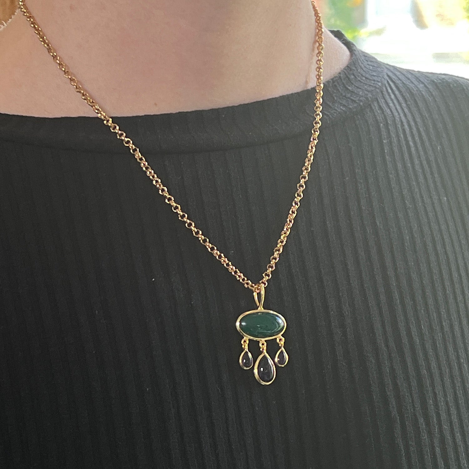 Rosa Oval Green Onyx And Amethyst Pendant On Short Baby Belcher Chain