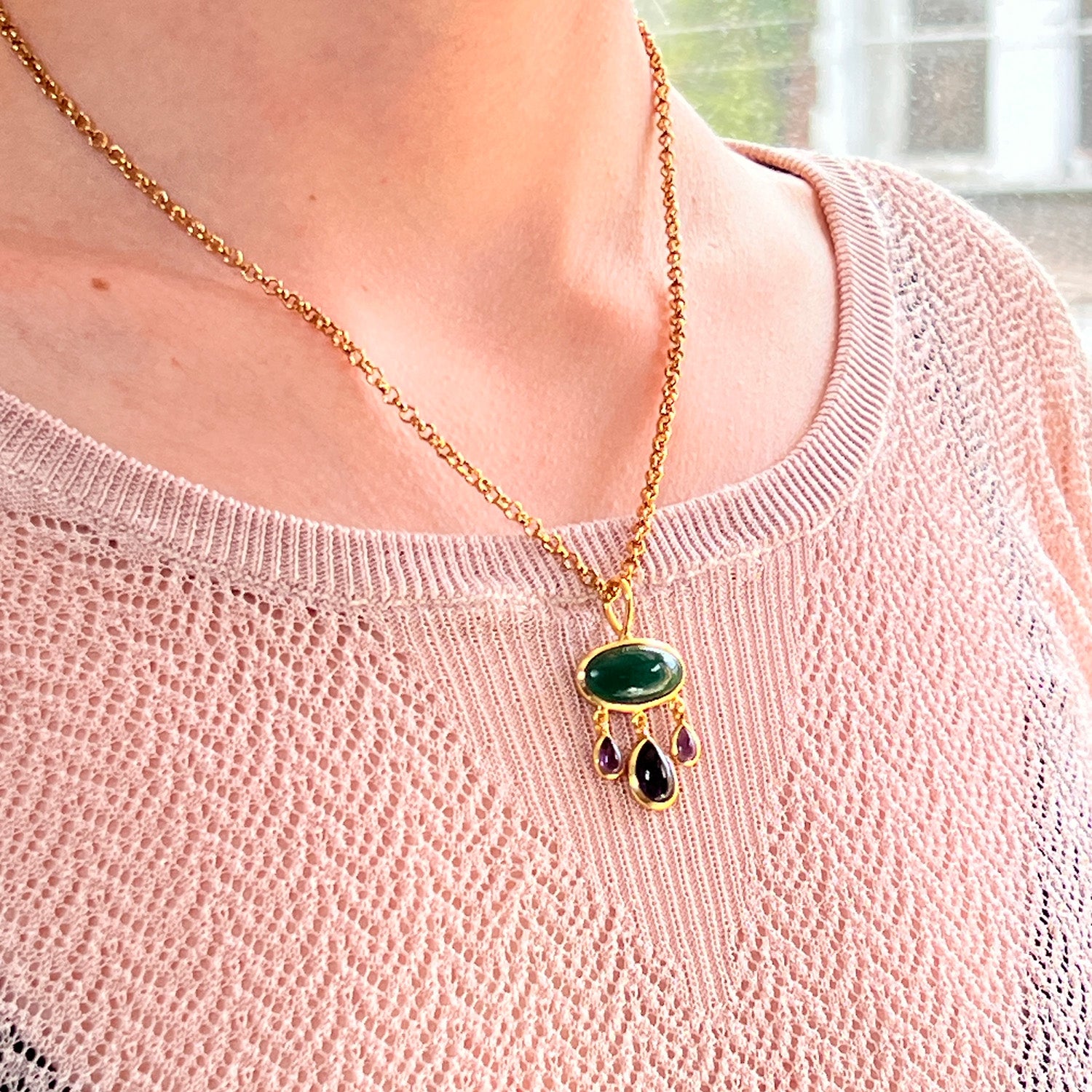 Rosa Oval Green Onyx And Amethyst Pendant On Short Baby Belcher Chain
