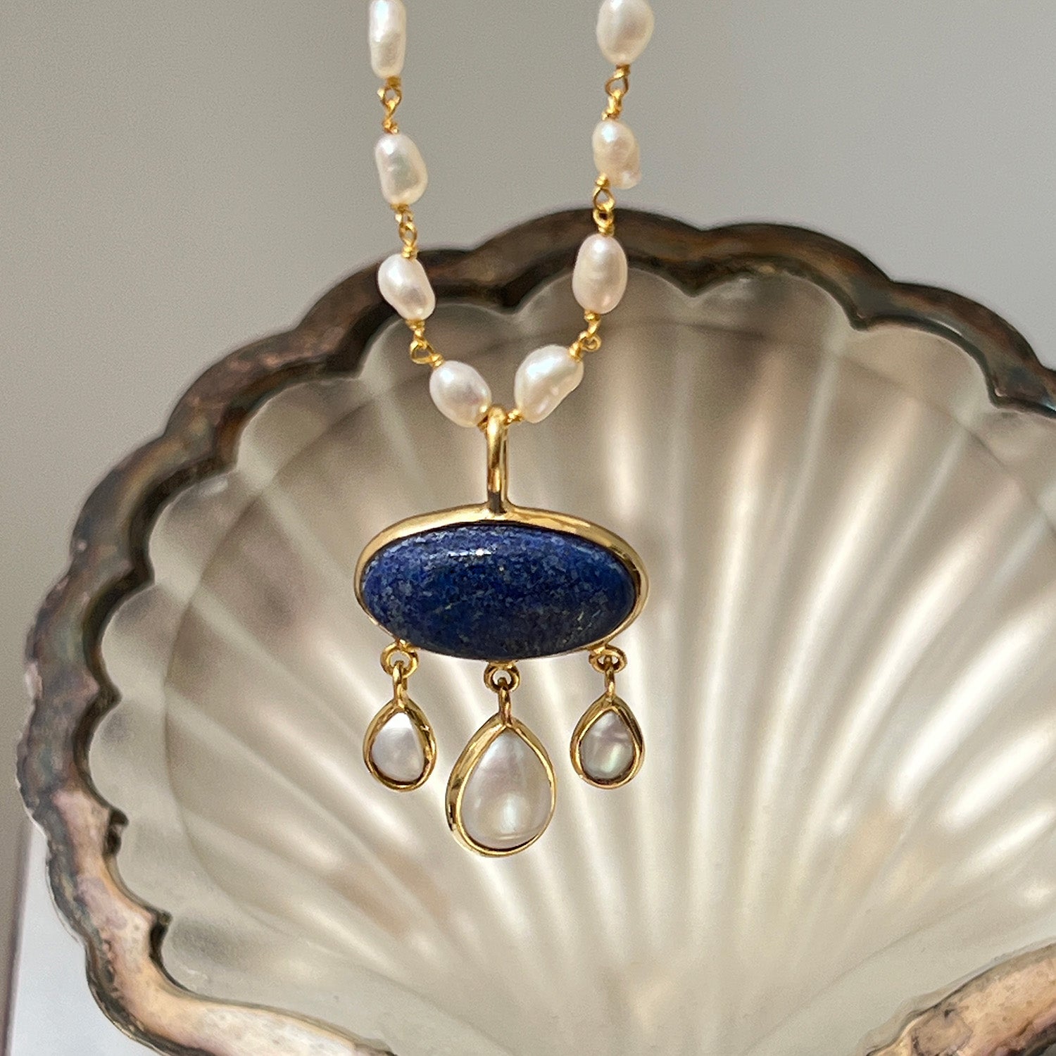 Rosa Oval Lapis Lazuli And Pearl Pendant On Long Pearl Rosary