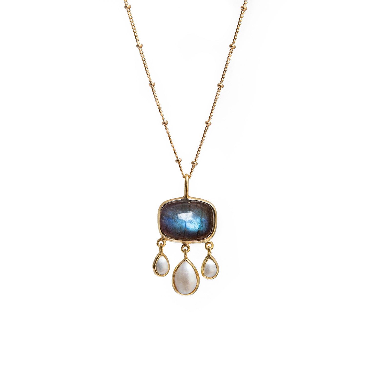 Rosa Labradorite And Pearl Pendant On Long Biba Chain