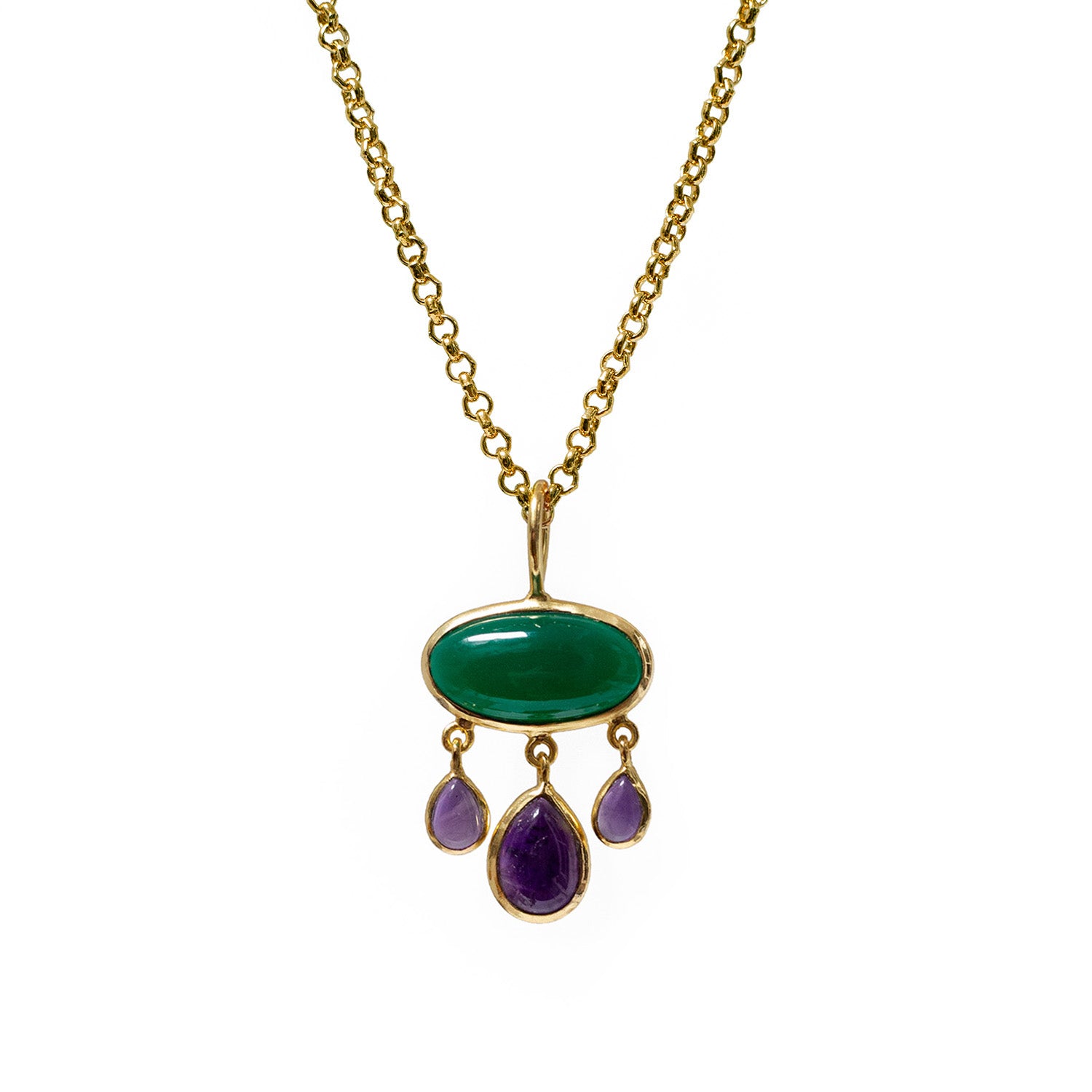 Rosa Oval Green Onyx And Amethyst Pendant On Short Baby Belcher Chain