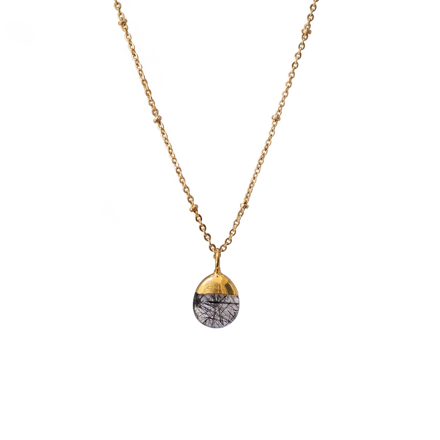 Mini Pebble Pendant  Black Rutilated Quartz on Short Satellite chain