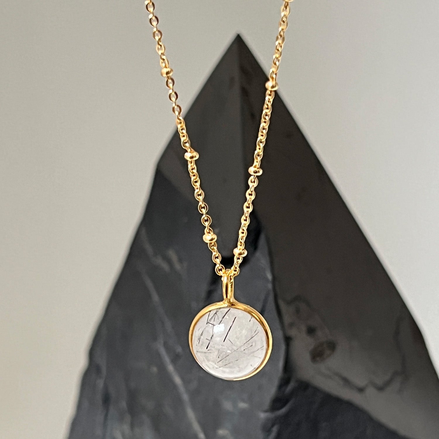 Grey  Rutil Quartz Ball Pendant on Long Satellite Chain