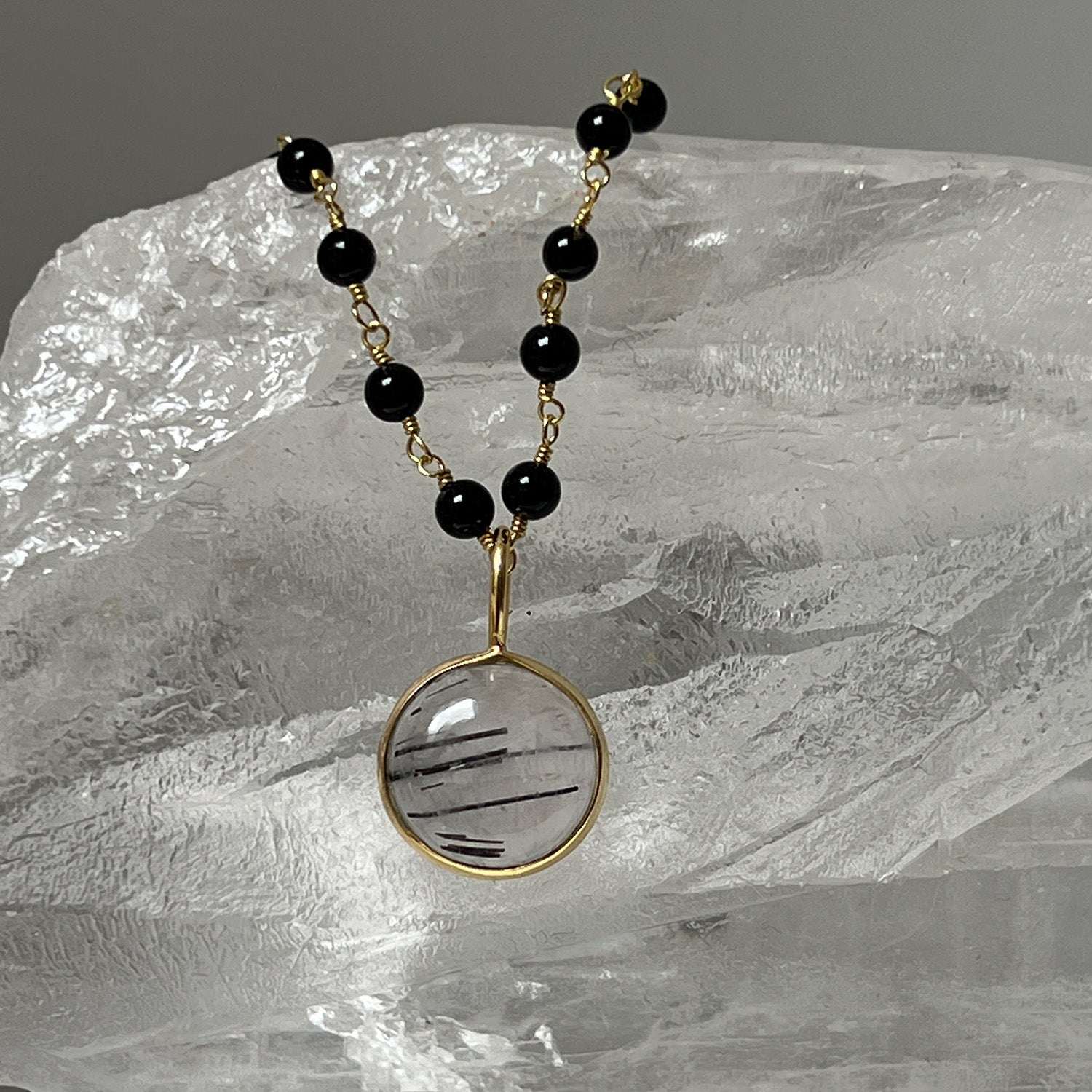 Black Rutilated Quartz Cabochon Pendant On Short Black Onyx Rosary
