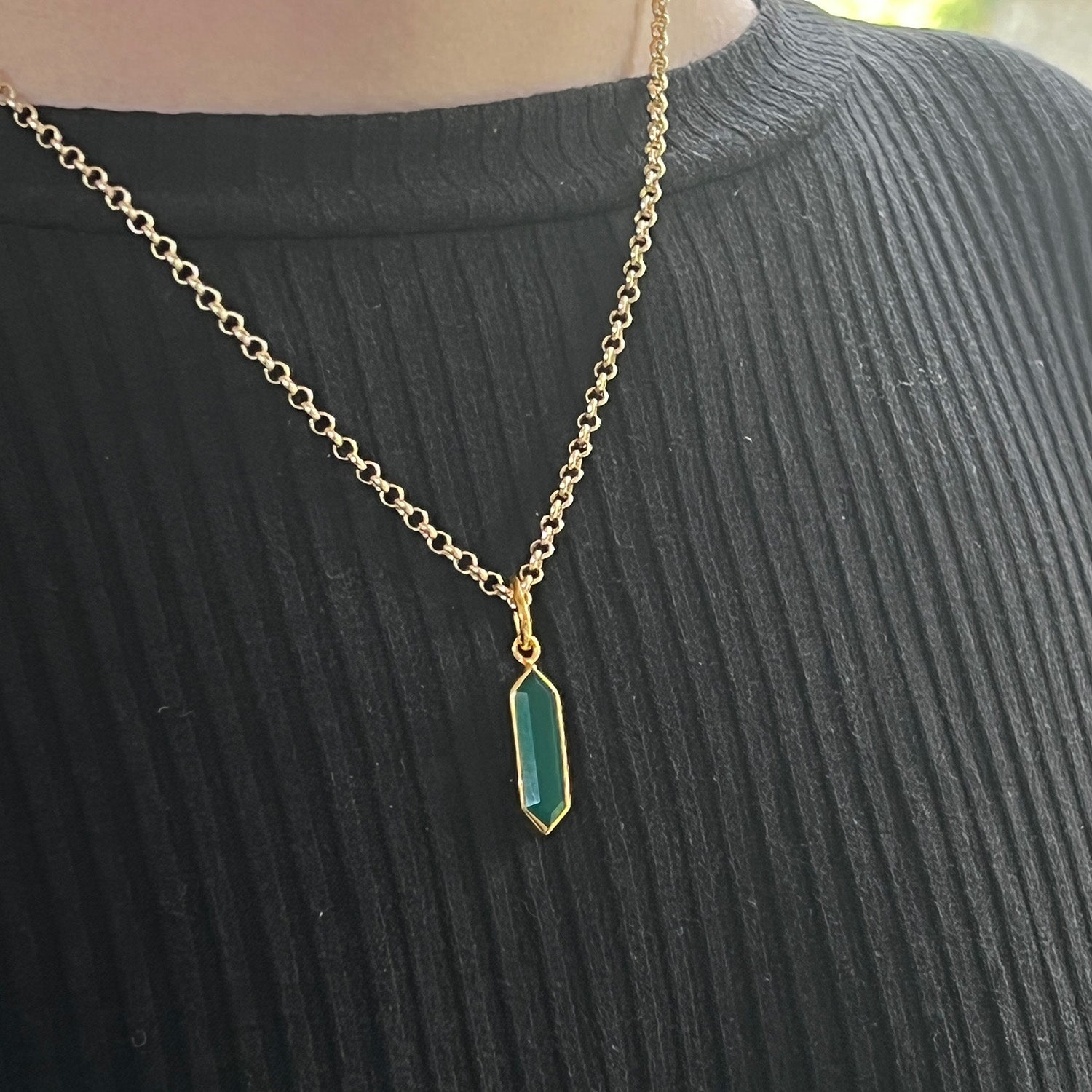 Geometric Green Onyx Pendant On Long Baby Belcher Chain