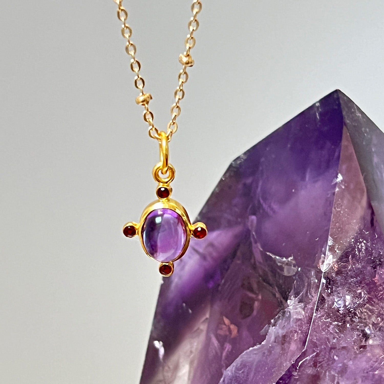 Serena Amethyst and Garnet Pendant on Short Satellite Chain