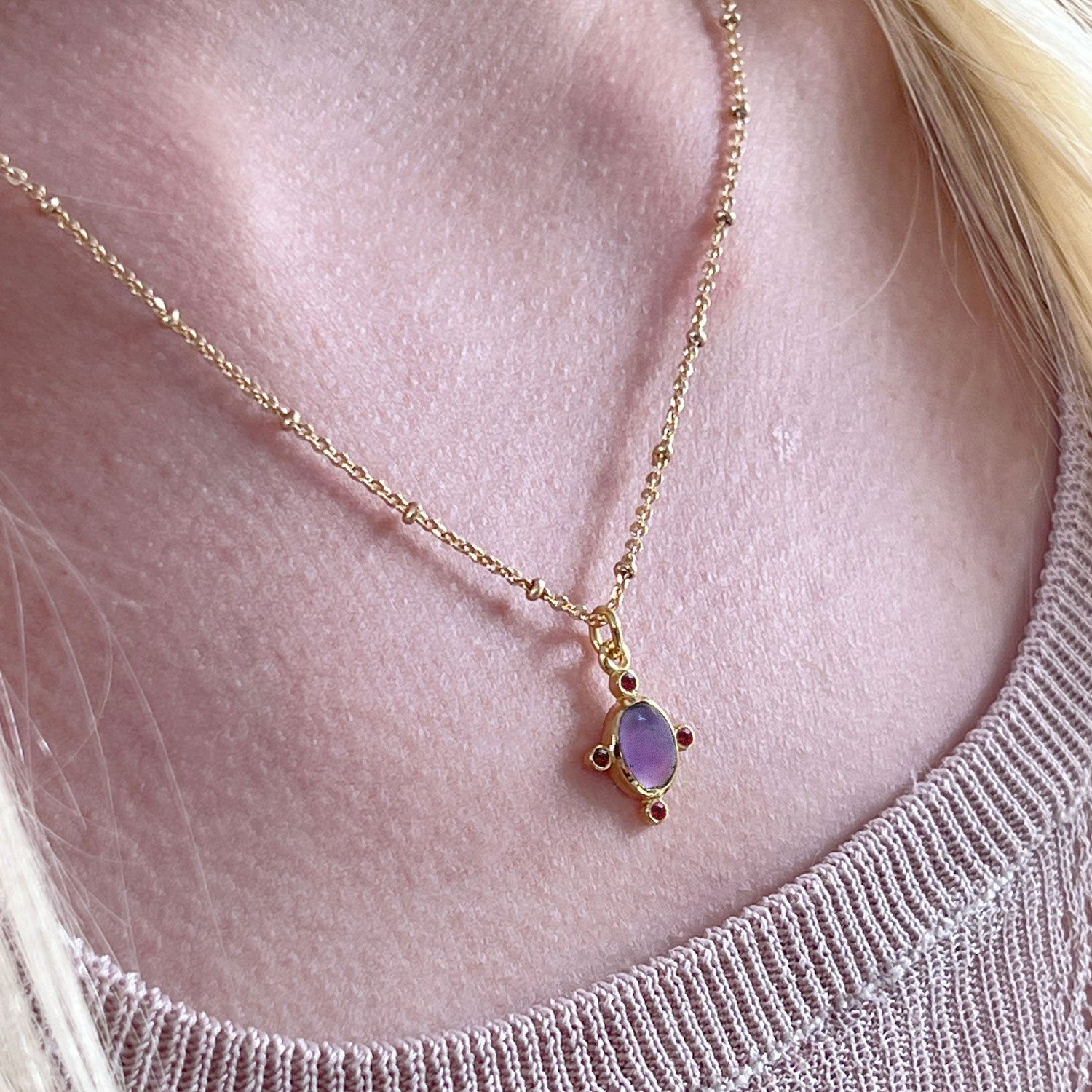 Serena Amethyst and Garnet Pendant on Short Satellite Chain
