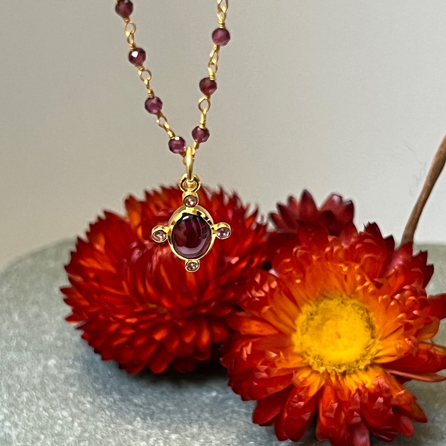 Serena Garnet and Amethyst Pendant on Short Garnet Rosary