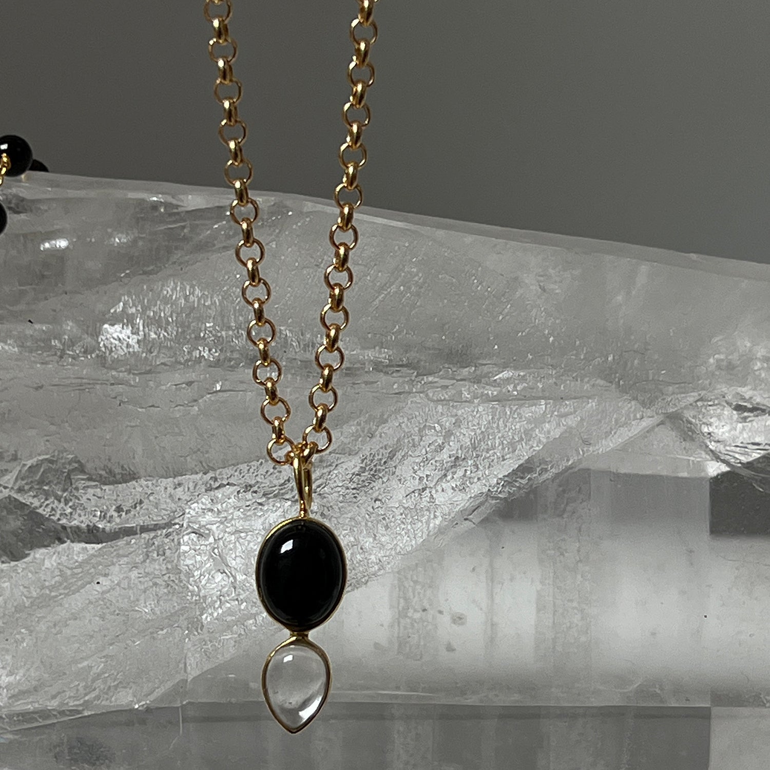 Shakti Black Onyx And Rock Crystal Pendant On Long Baby Belcher Chain