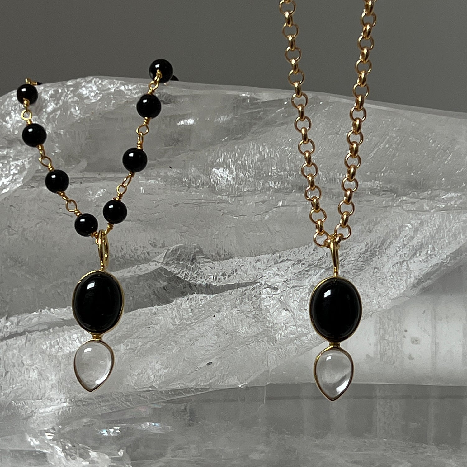Shakti Black Onyx And Rock Crystal Pendant On Rosary