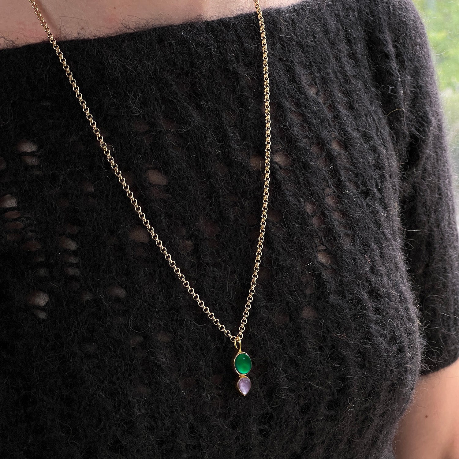 Shakti Green Onyx And Amethyst Pendant On Long Baby Belcher Chain