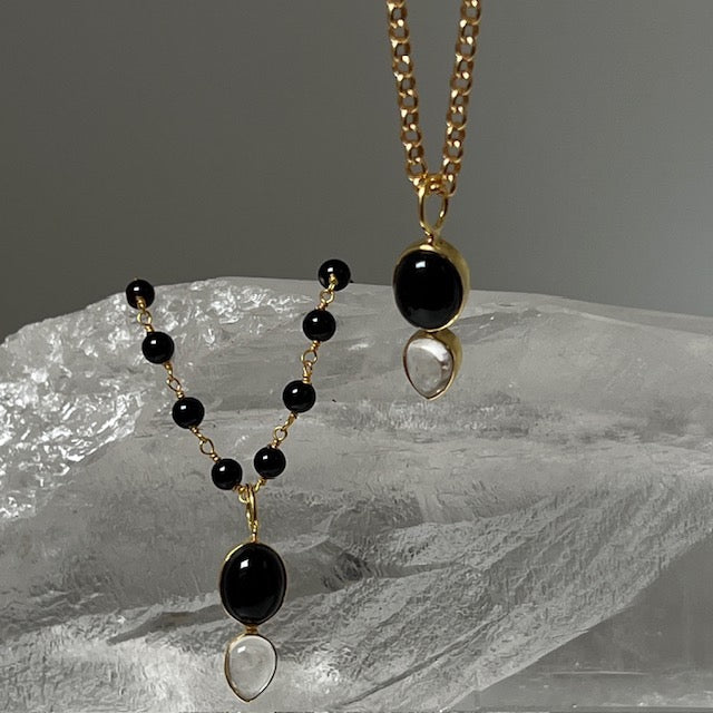 Shakti Black Onyx And Rock Crystal Pendant On Long Baby Belcher Chain