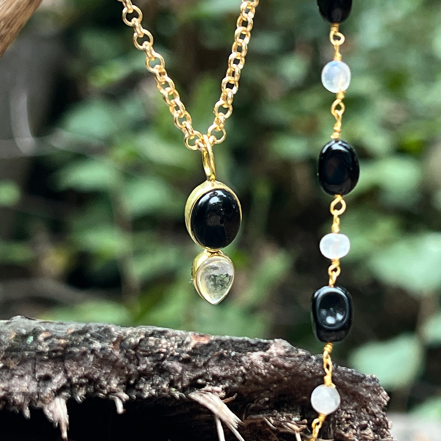 Shakti Black Onyx And Rock Crystal Pendant On Long Baby Belcher Chain