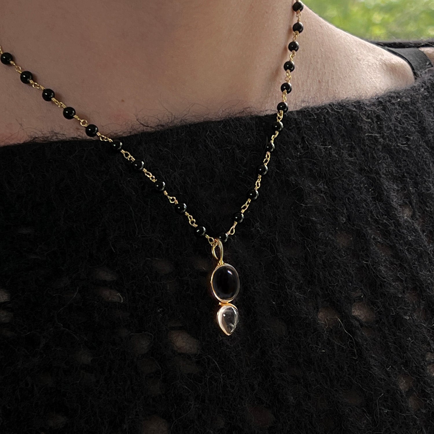 Shakti Black Onyx And Rock Crystal Pendant On Rosary