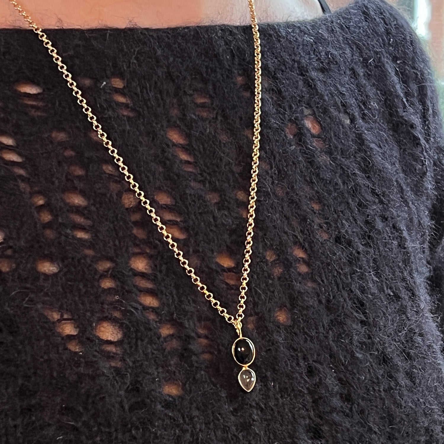 Shakti Black Onyx And Rock Crystal Pendant On Long Baby Belcher Chain