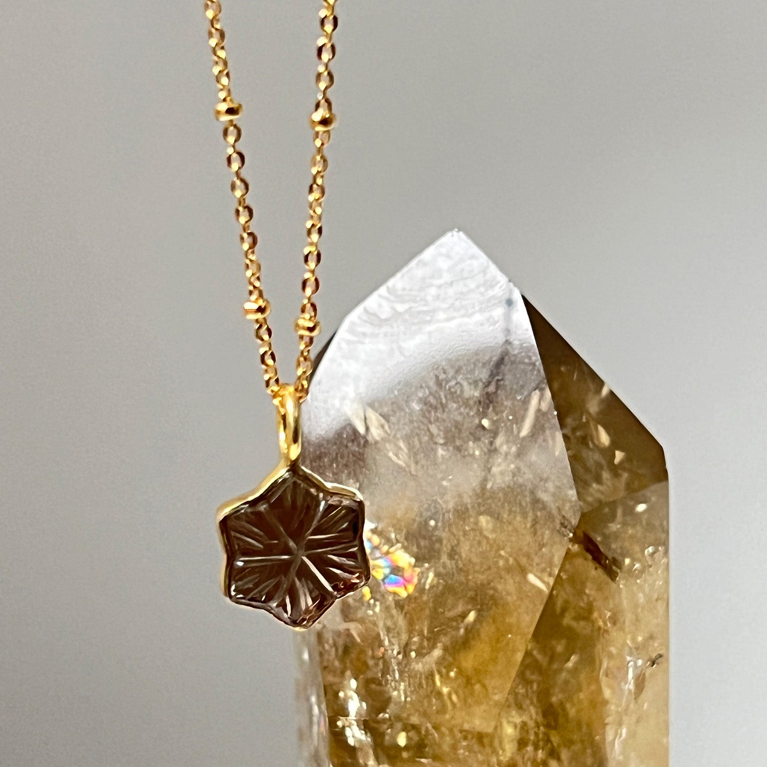 Carved Star Pendant Smokey Quartz on a Short Satellite Chain