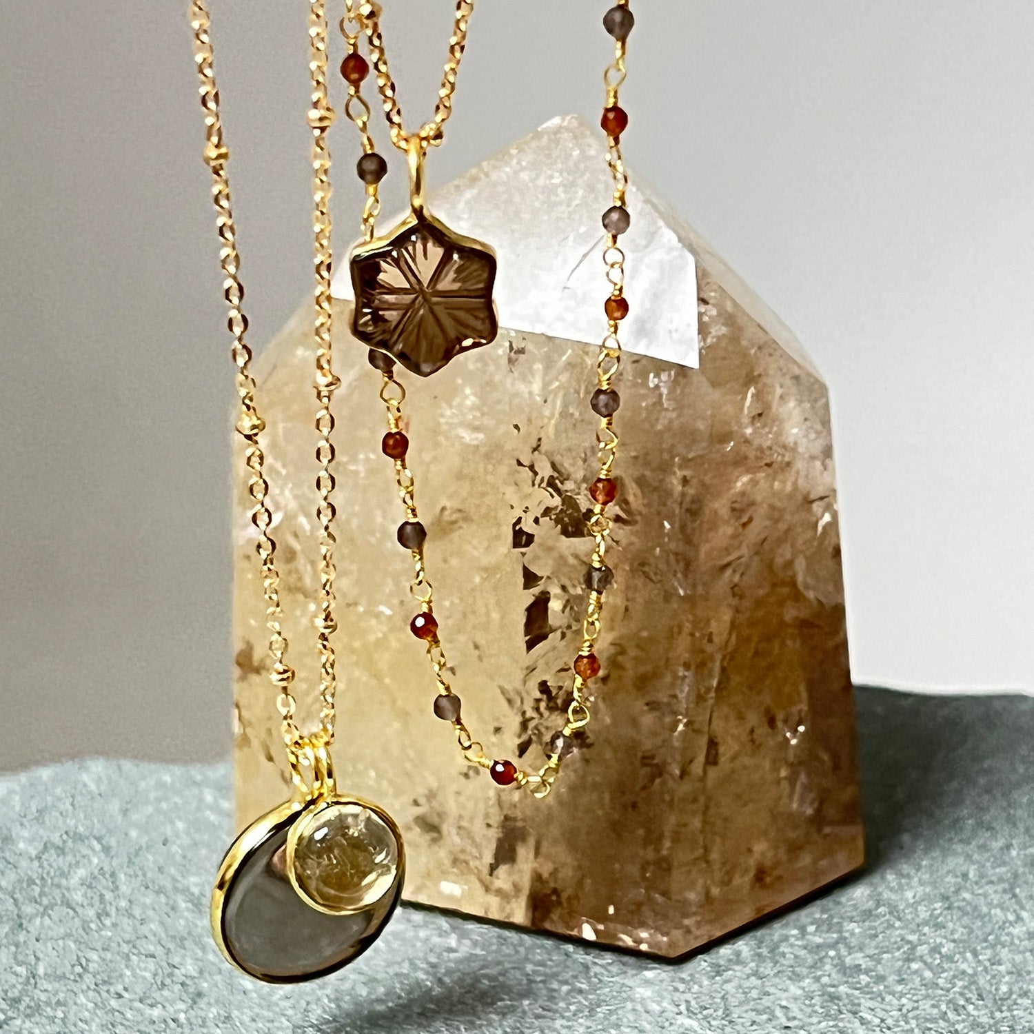 Carved Star Pendant Smokey Quartz on a Short Satellite Chain