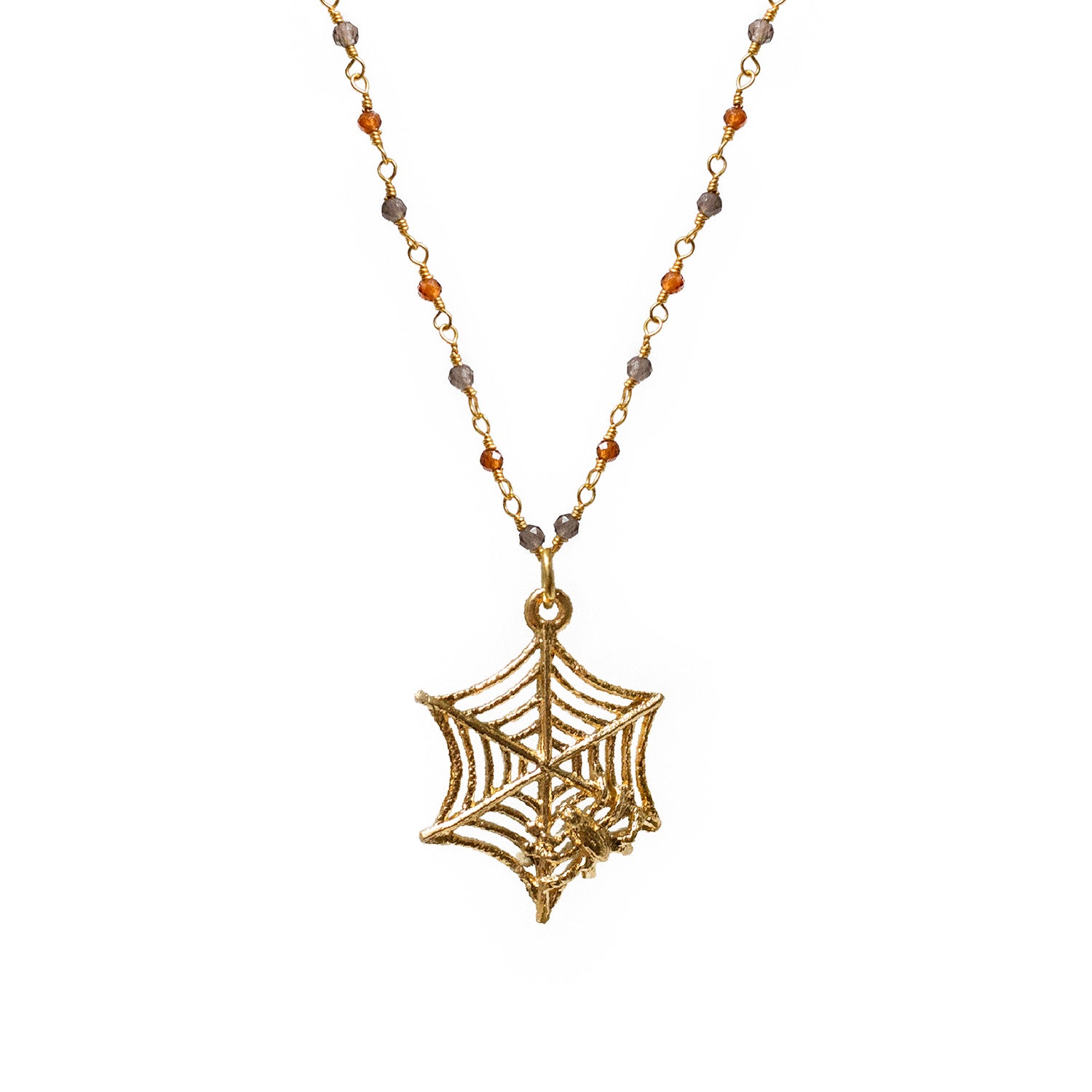 Spiderweb Charm On Long Smoky Quartz and Citrine Rosary