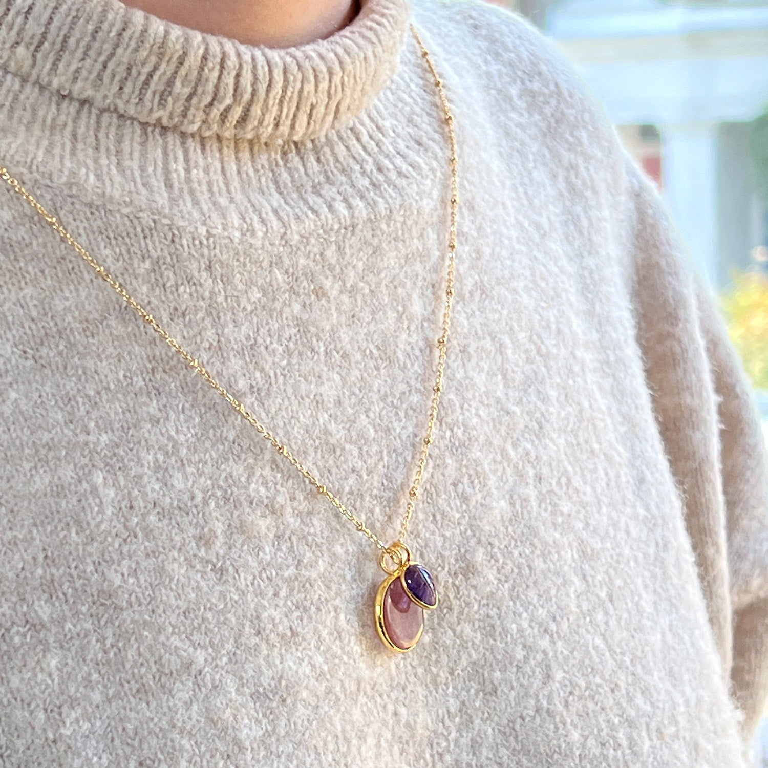 Duo Harmony Strawberry Quartz & Amethyst Pendant On Long Satellite Chain