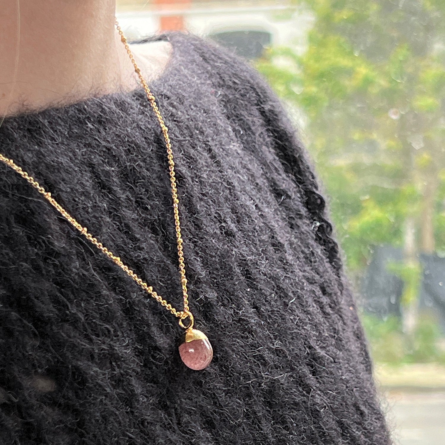 Mini Pebble Pendant Strawberry Quartz On Short Satellite Chain