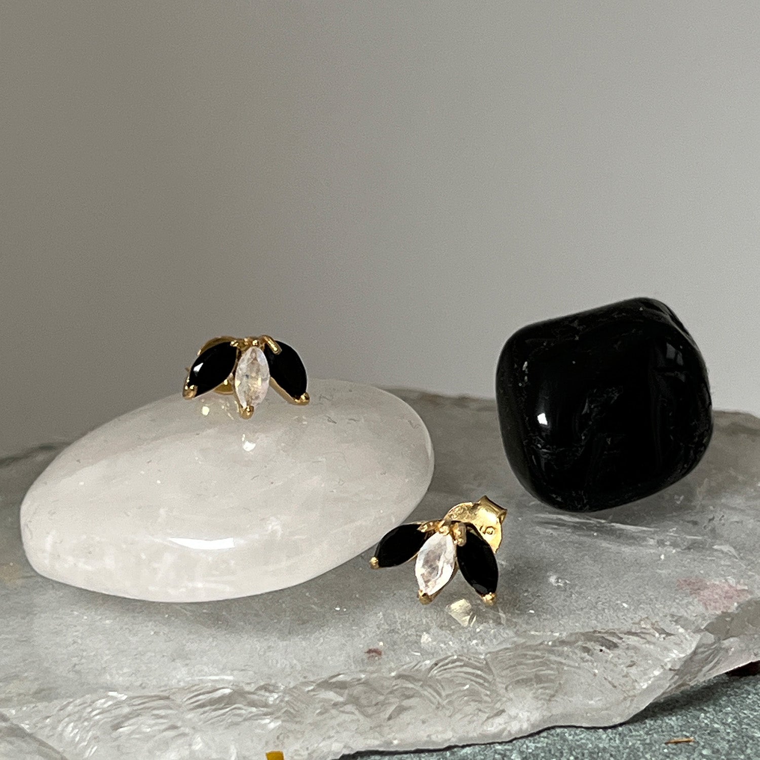 Trio Stud Black Onyx And Moonstone Earrings