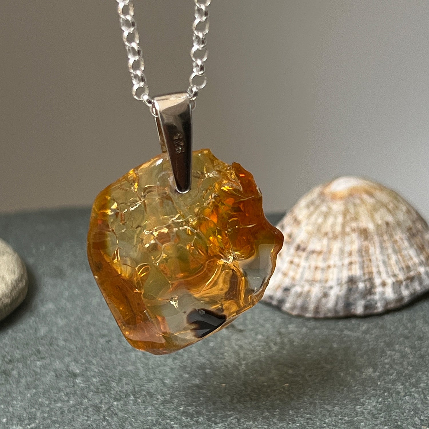 Unique Ethiopian Fire Opal With Black Heart Inclusion On Sterling Silver Baby Belcher Chain