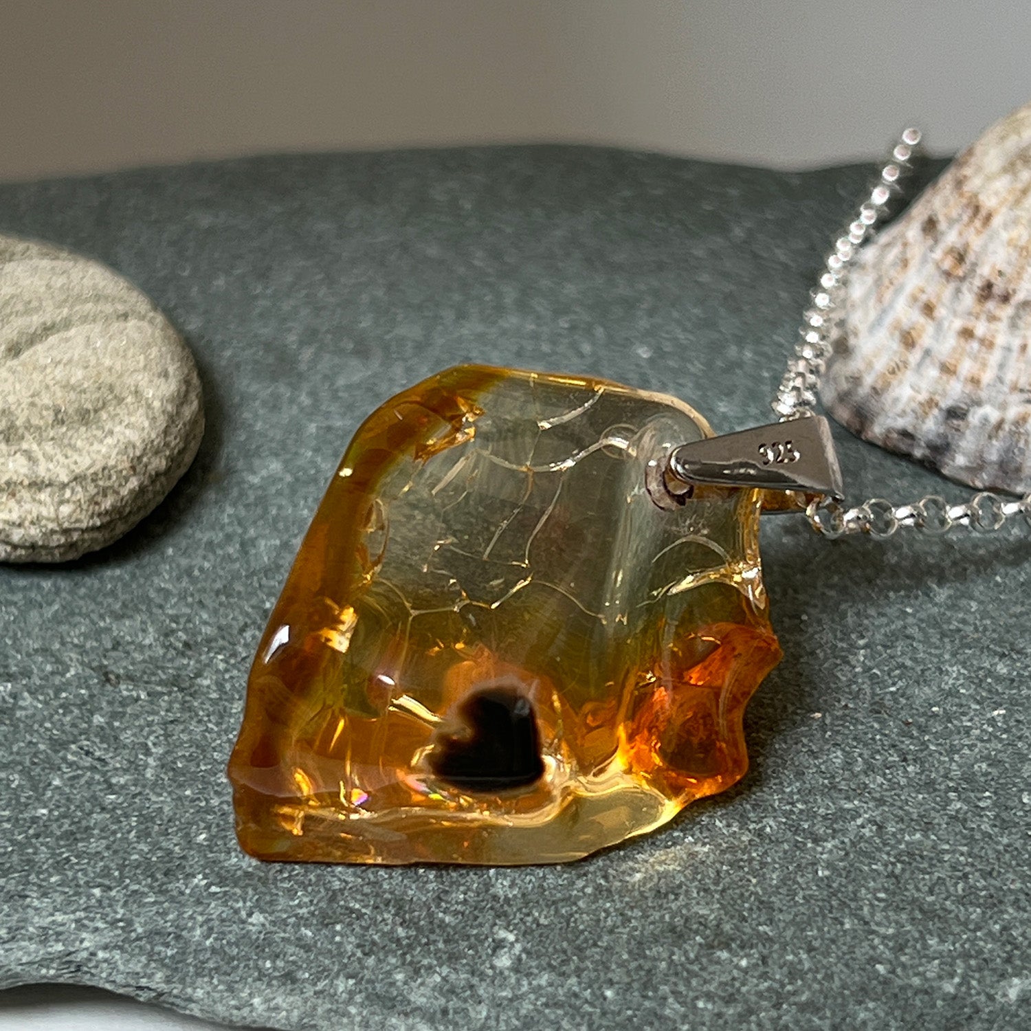 Unique Ethiopian Fire Opal With Black Heart Inclusion On Sterling Silver Baby Belcher Chain