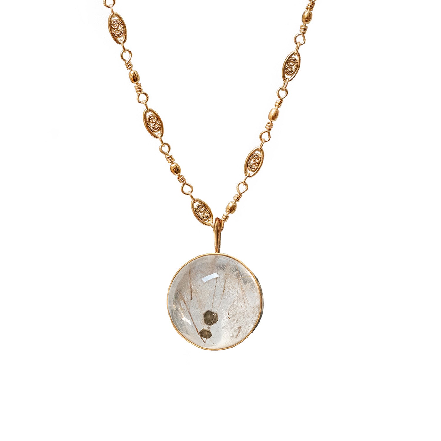 Unique Large Golden Rutile Quartz Cabochon On Long Louise Chain