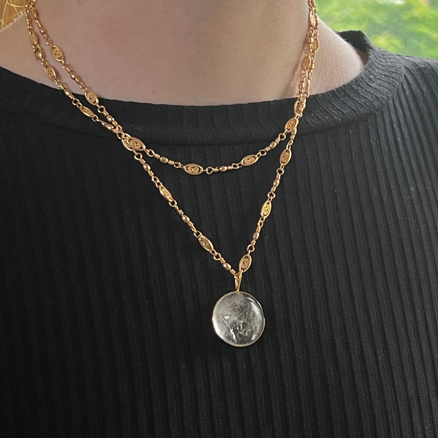 Unique Large Golden Rutile Quartz Cabochon On Long Louise Chain