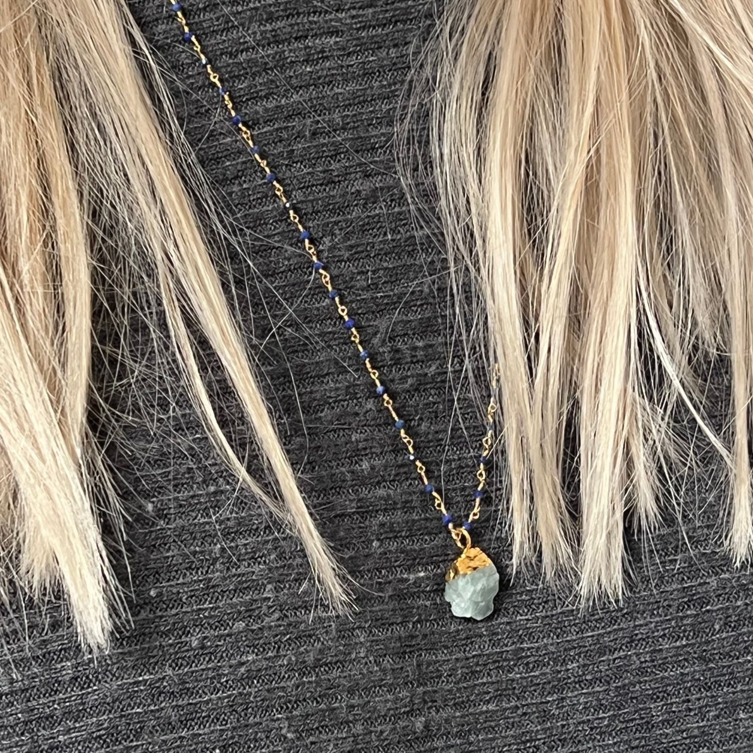Lapis Rosary with Raw Aquamarine Pendant