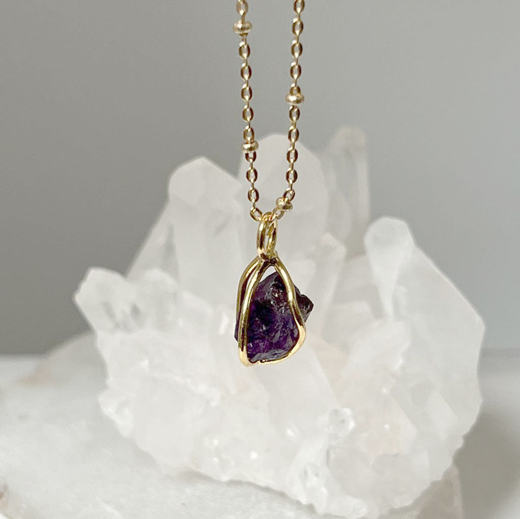 Amethyst Raw in Cage Pendant on Satellite chain