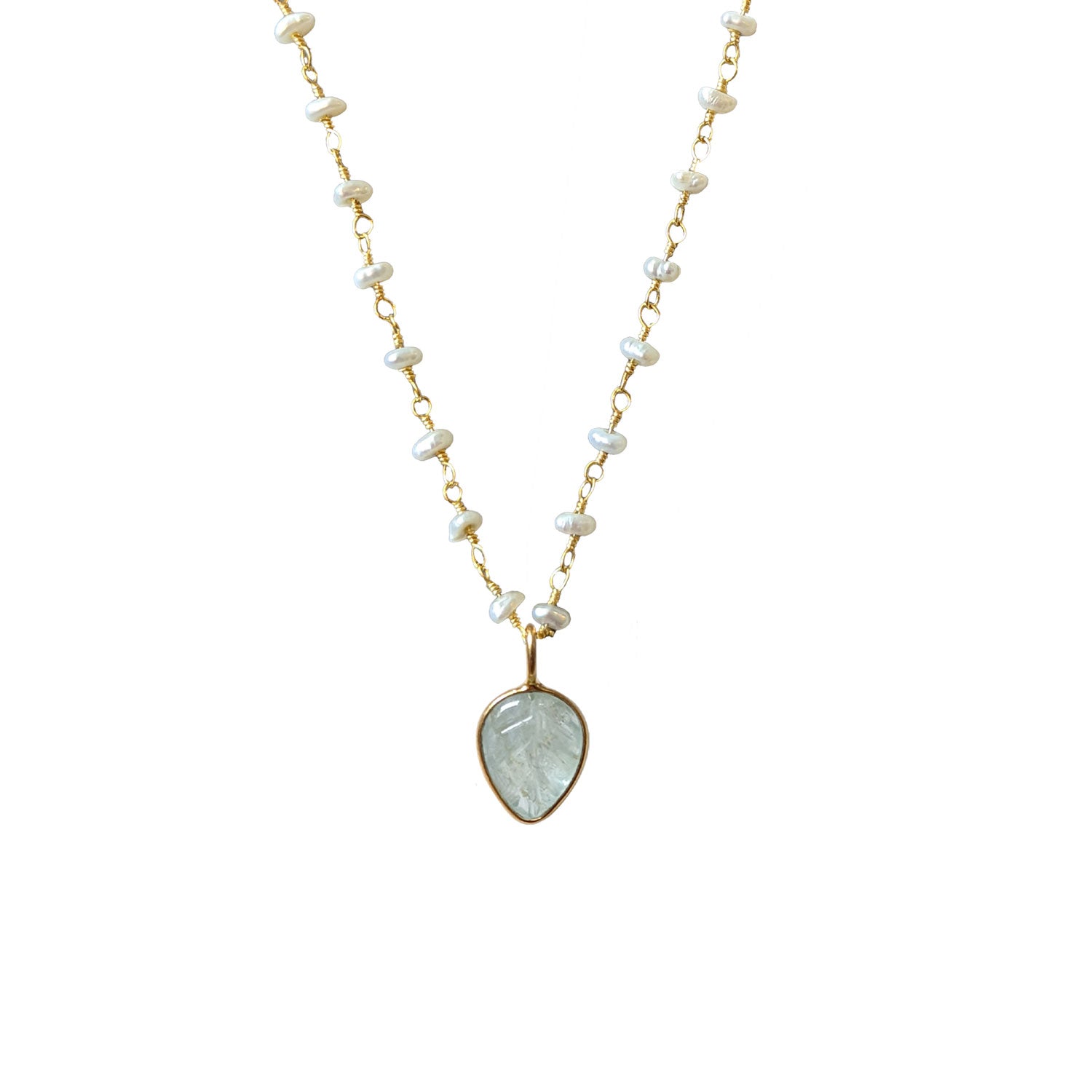 Carved Aquamarine Leaf on Pearl Rosary chain