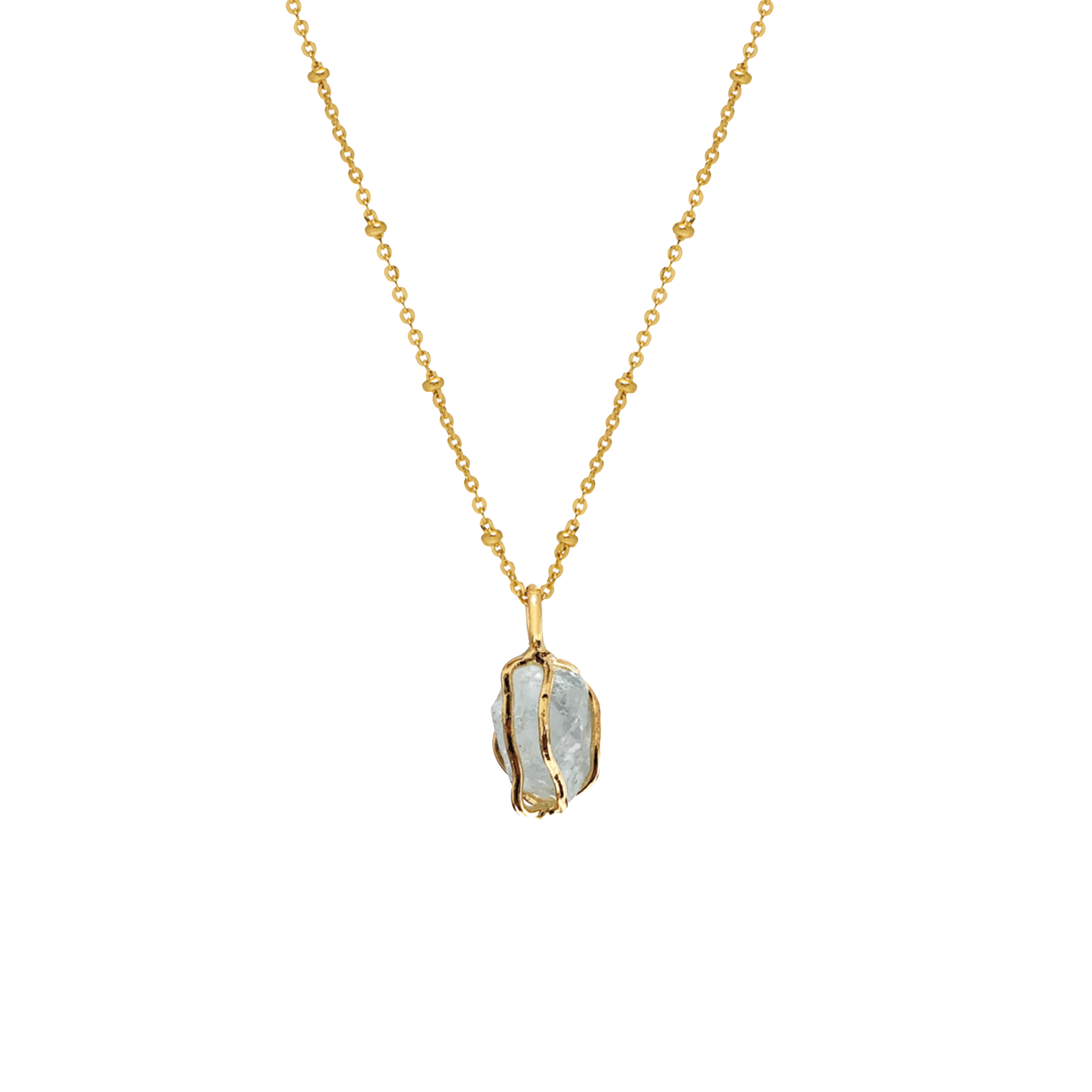 Aquamarine Raw in Cage Pendant on Short Satellite Chain