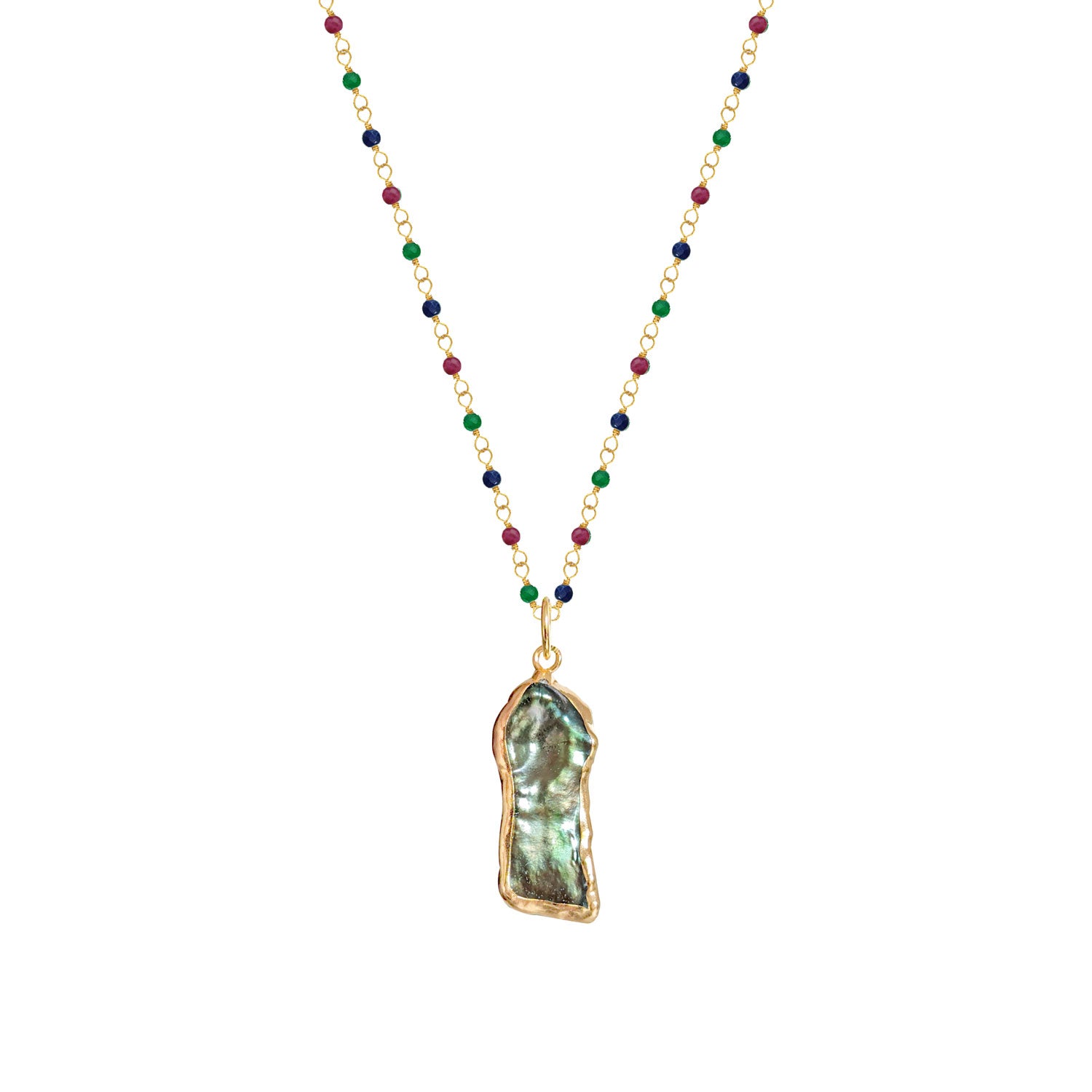 Biwa freshwater pearl iridescent pendant on long multi rosary