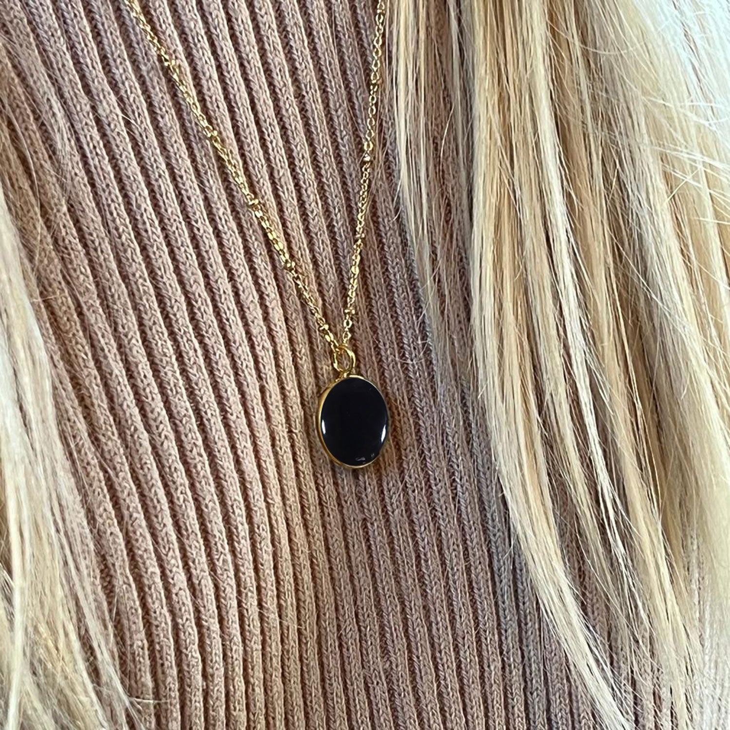 Black Onyx coin Pendant on Long Satellite chain