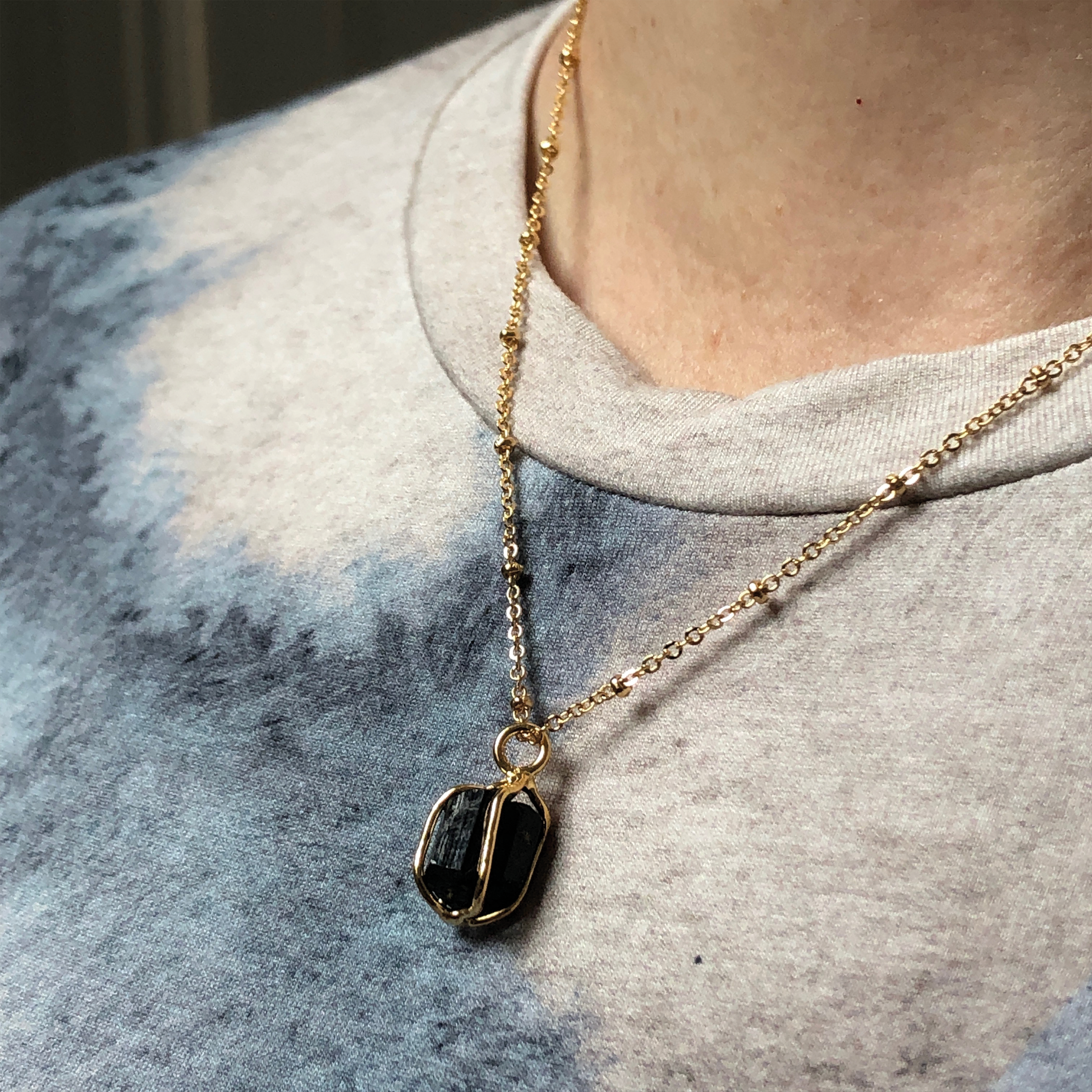 Black Tourmaline Raw in Cage Pendant on Short Satellite Chain
