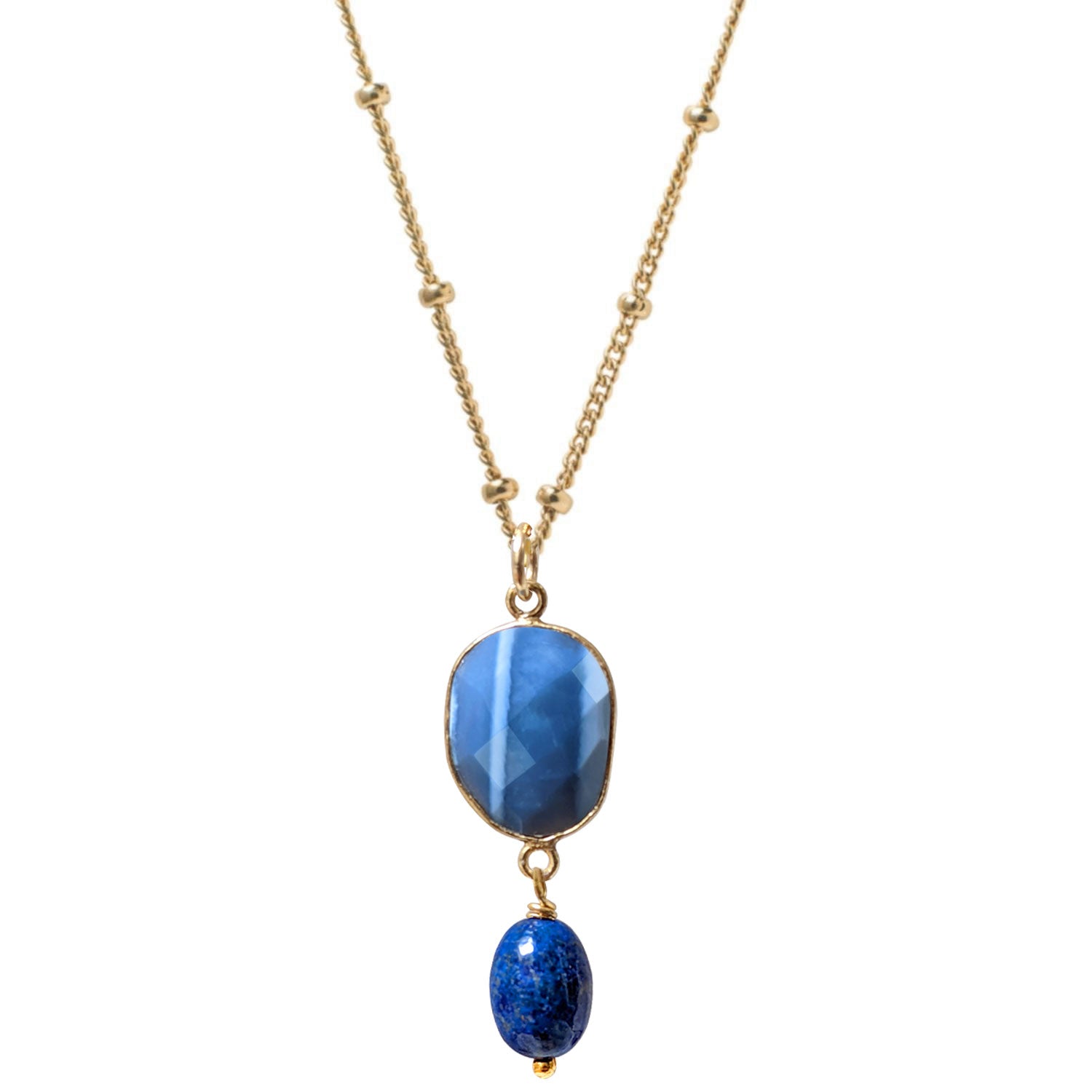Blue Opal Free form with  Lapis Lazuli Pendant on Biba chain