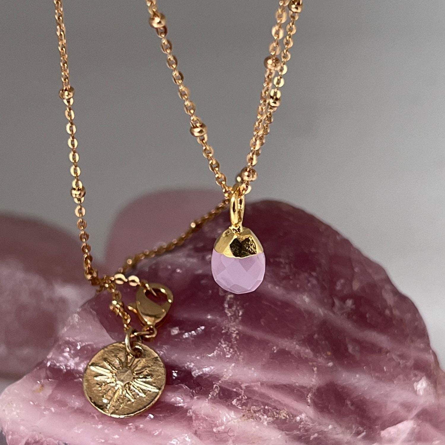 Pink Chalcedony Briolette Pendant on Satellite chain