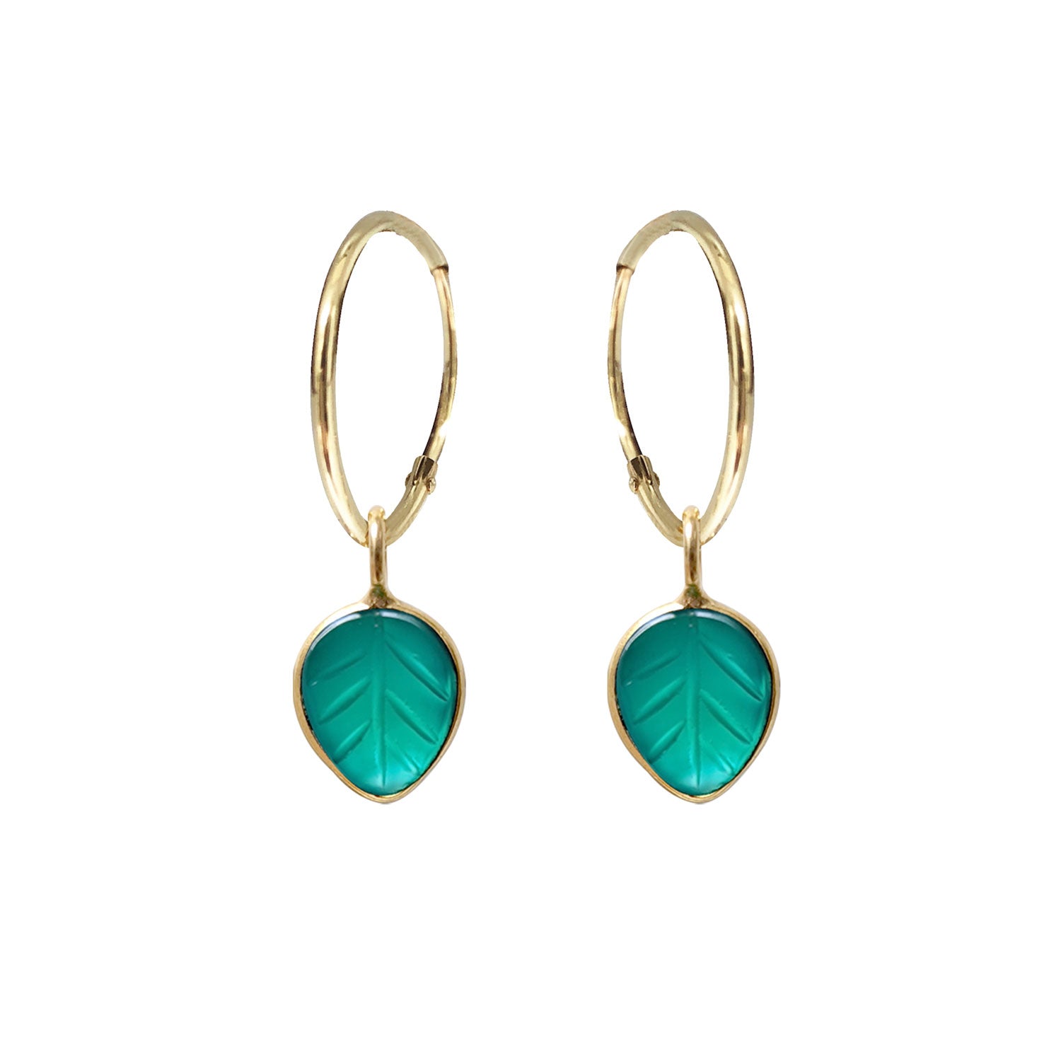 Cora creole  Green Onyx Carved  Leaf creole earrings
