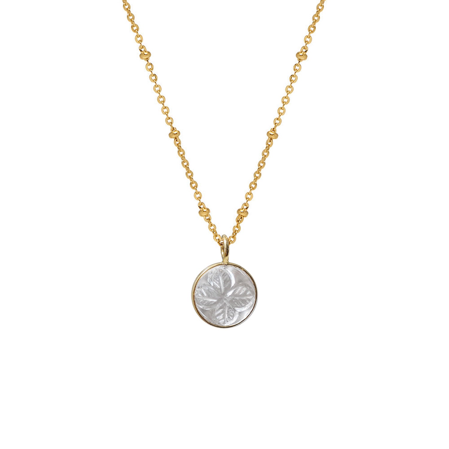 A gold-plated satellite chain necklace with a carved rock crystal ball pendant in the center, featuring leaf patterns on the chain.