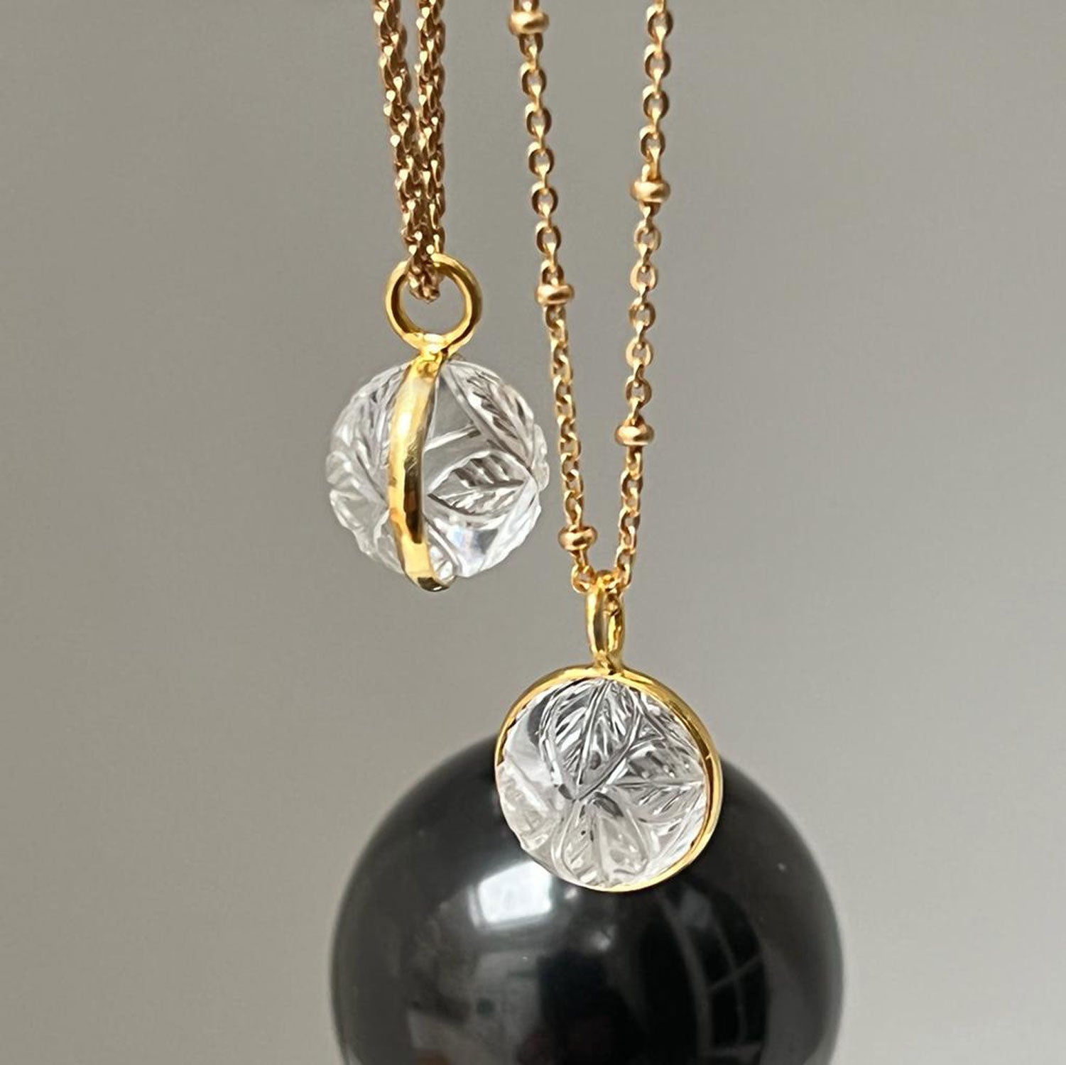 Carved Rock Quartz Ball Pendant on Heavy Long Rope Chain