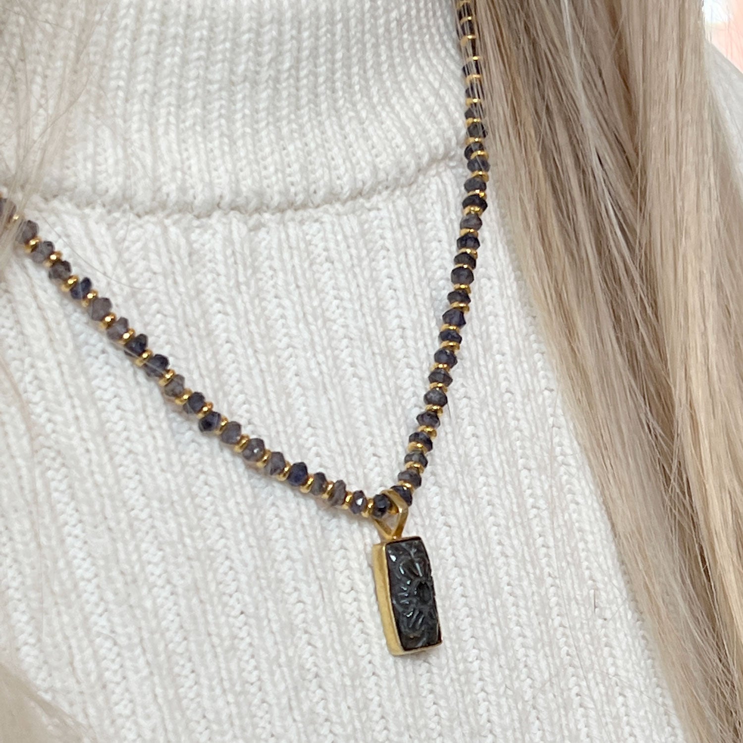 Carved Iolite pendant in Vermeil on Iolite Chain