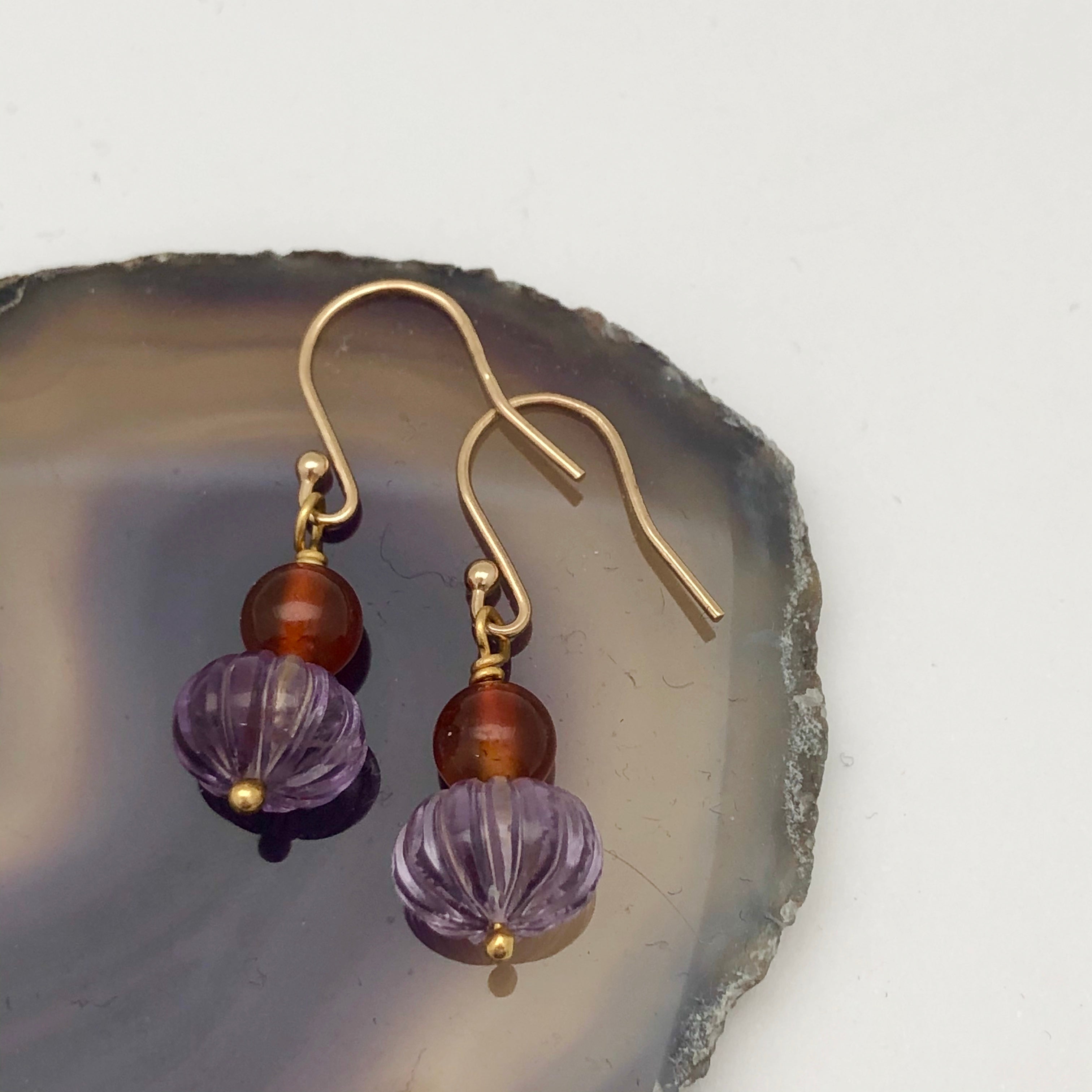 Carved Amethyst and Carnelian Duo Earrings - Mirabelle Jewellery